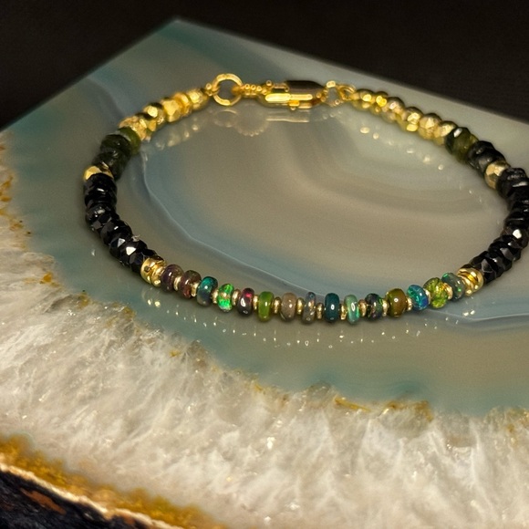 Black Welo Opal, Tourmaline,Pyrite 18kt Gold Vermeil Bracelet - Picture 8 of 8